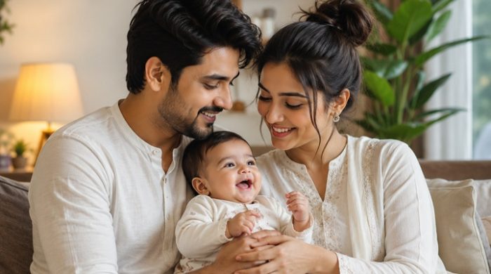 সন্তানকে নিয়ে হাসিখুশি স্বামী-স্ত্রী, সুখী দাম্পত্য জীবনের প্রতীক
